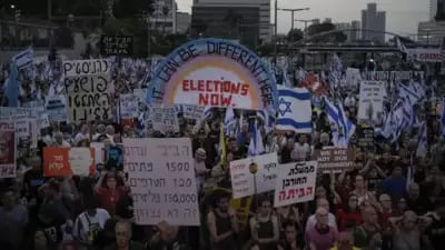 Thousands of Israeli protesters gathered in the streets, demanding new elections and the release of hostages held by terrorists